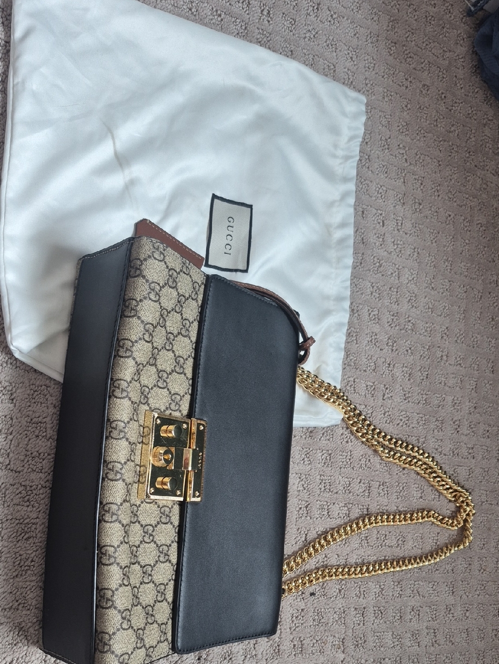 Gucci Black and Beige GG Canvas Chain Shoulder Bag with Gold Hardware